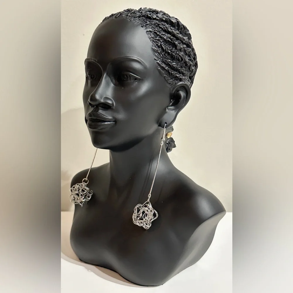 Silver Wire Drop Earrings with Black Accent Inside